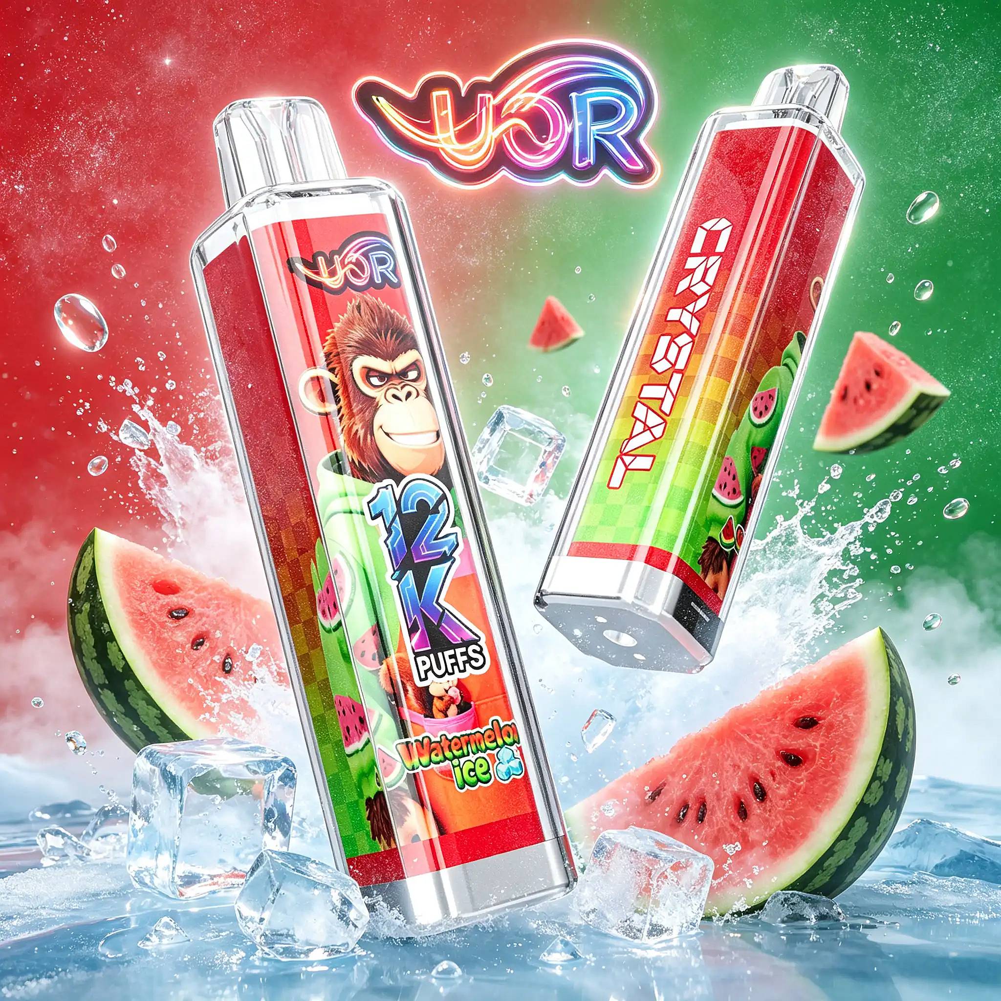 Uor Crystal 12000 Puffs Disposable Vape | Crystal 12K Vape 13 Bright, Neon-Lit Fruit Popsicles With Cartoon Monkey Imagery Float Over A Red-To-Green Gradient Background, Surrounded By Watermelon Slices, Ice Cubes, And Splashing Water.