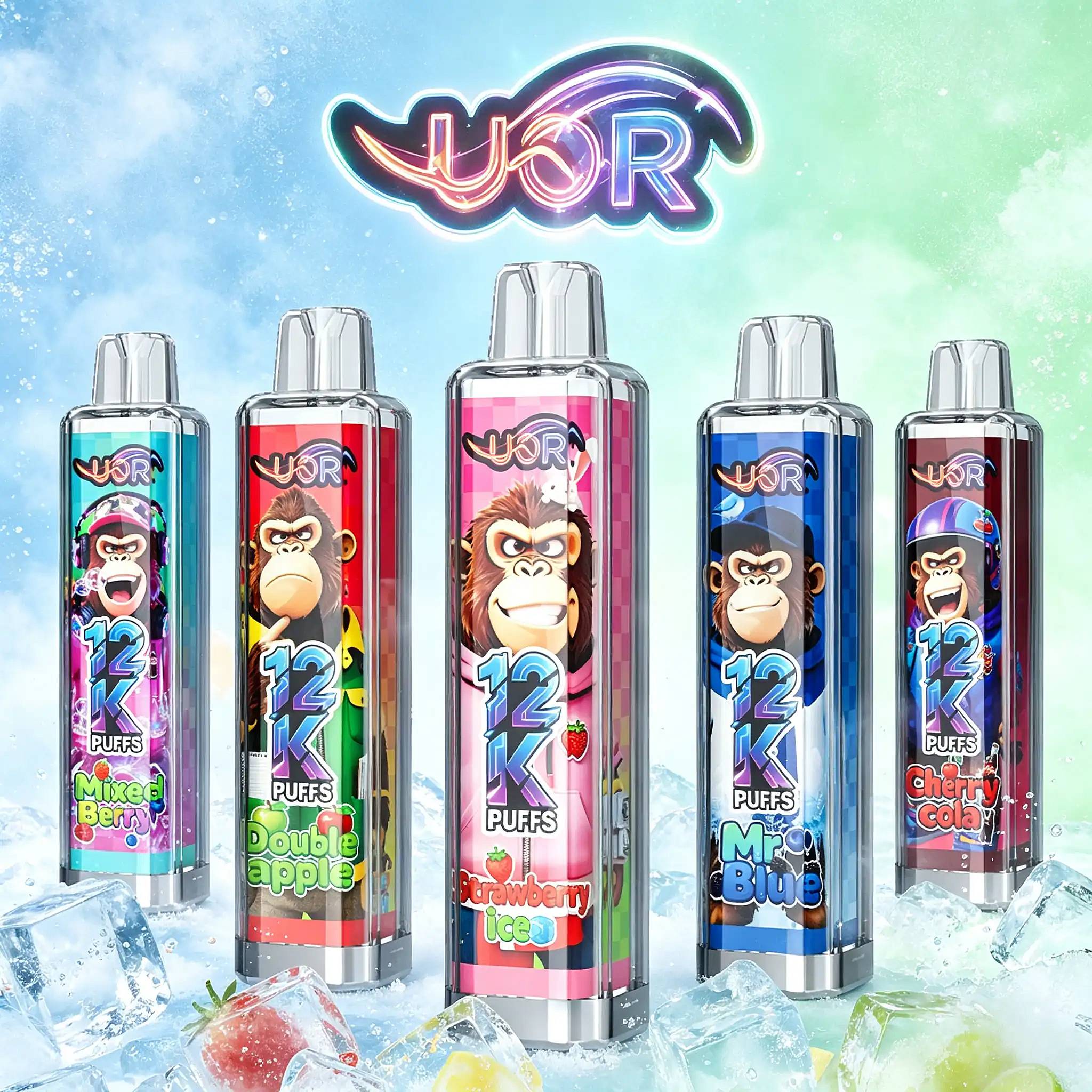 Row of tall, transparent vape juice bottles with silver caps, each label showing a cartoon ape and bright fruit flavors such as Mixed Berry, Double Apple, Strawberry Ice, Cherry Cola, and Blue Raspberry, set against an icy blue-green background with a colorful neon sign above.