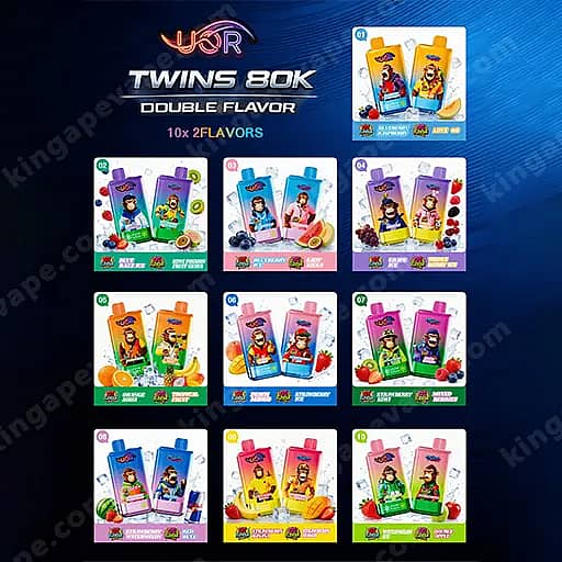 Uor Twins 80000 Puffs Disposable Vape | Dual Flavor Vape 2 Promotional Layout For Twins 80K Double Flavor, Featuring A Grid Of Colorful Boxes And Packets With Cartoon Characters And Fruit Illustrations, Highlighting 10X2 Flavors.