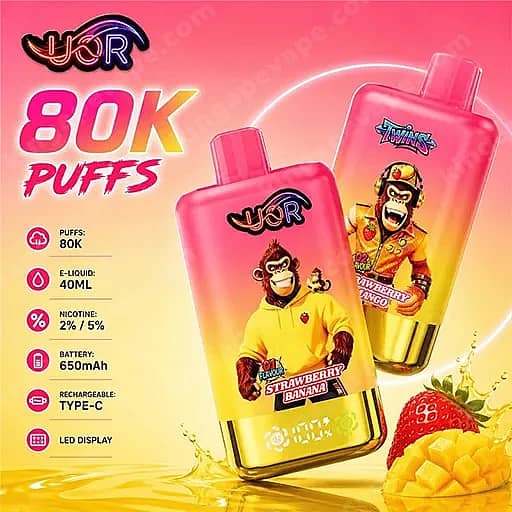 Bright neon advertisement for 80K Puffs vape devices showing two gradient pink-to-orange disposable bottles with cartoon monkeys in yellow outfits and a Strawberry Banana label, set against a fruity background with strawberry and mango, and listing specs: 80K puffs, 40ml e-liquid, nicotine 2%/5%, 650mAh battery, Type-C rechargeable, and LED display.