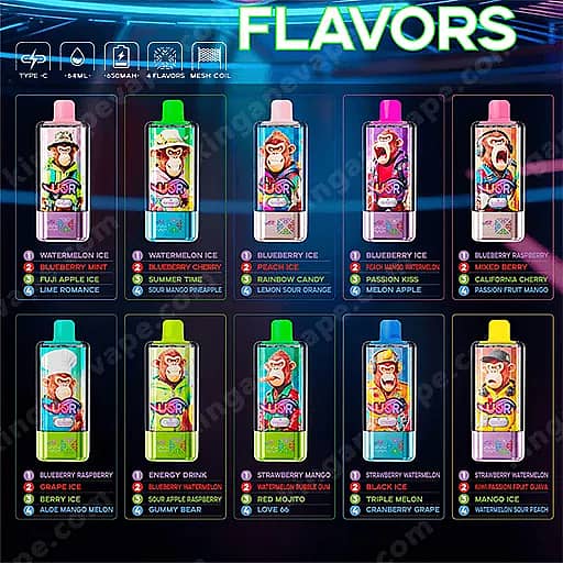Two Rows Of Brightly Colored Vape Juice Bottles With A Cartoon Monkey On The Label, Displayed Under A Neon 'Flavors' Sign; Each Bottle Features A Different Fruit-Flavored Label Such As Watermelon Ice, Blueberry Ice, Rainbow Candy, Passion Fruit Mango, And Other Assorted Flavors.