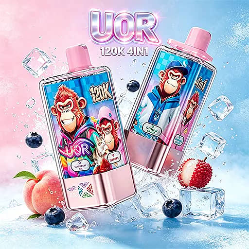 Two Pink Bottle-Shaped Uor Products With Cartoon Monkey Labels Reading '120K' And '4In1', Surrounded By Ice Cubes And Peaches And Berries Against A Pink-To-Blue Gradient Background.