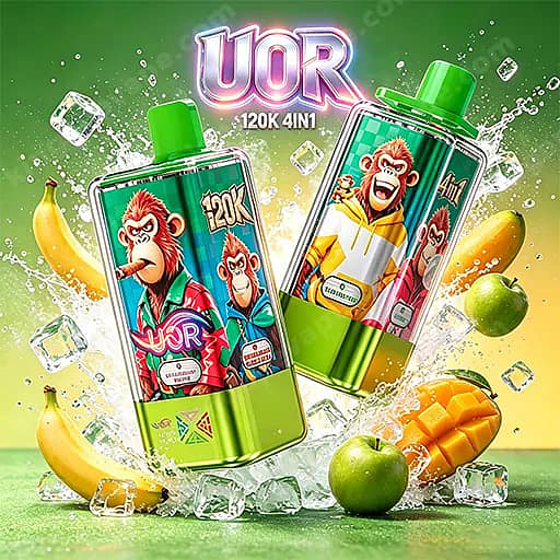 Two Green Bottles With Cartoon Monkey Labels And The Text Uor 120K 4In1 Float Amid Splashing Ice, Bananas, Limes, And Mangoes On A Bright Green Background.