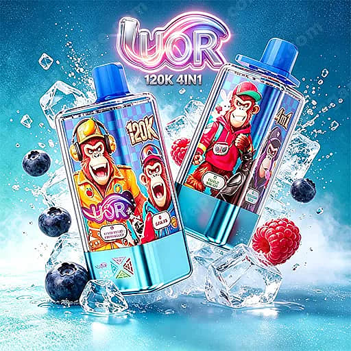 Two Blue Bottles With Cartoon Monkey Characters On Their Labels, Surrounded By Ice Cubes And Blueberries And Raspberries Against A Frosty Blue Background.