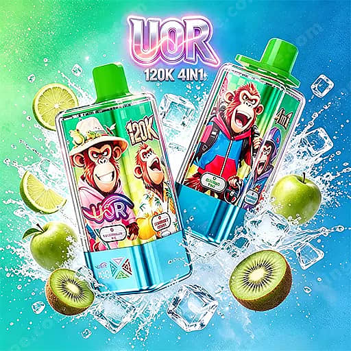 Two Colorful Juice Bottles With Cartoon Monkey Illustrations On The Labels And Green Caps, Set In A Splashy Icy Scene With Scattered Ice Cubes And Fruit Including Lemons, Kiwis, And Apples Against A Bright Green-To-Blue Background.