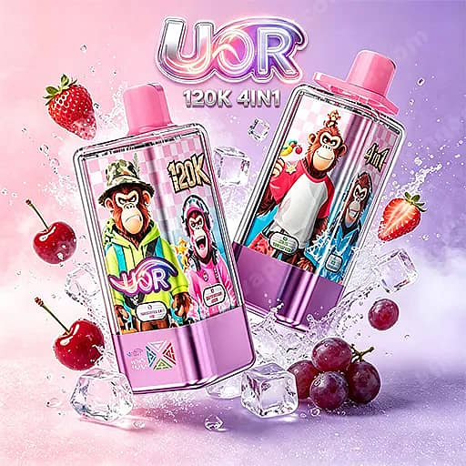 Two Pink-Capped, Clear Bottles With Cartoon Monkey Illustrations And The Text Uor 120K 4In1, Set Against A Pink-To-Purple Gradient Background With Scattered Ice Cubes And Strawberries, Cherries, And Grapes.