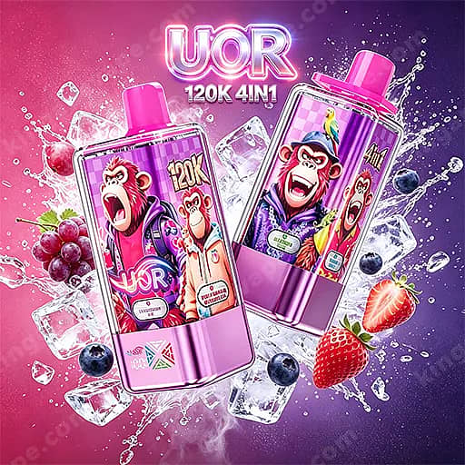 Two Pink Bottles With Cartoon Monkey Labels And Uor Branding (120K 4In1) Sit Against A Pink-Purple Splash Background With Ice Cubes And Scattered Berries.