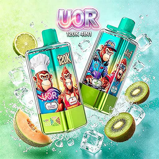 Two Turquoise And Green Rectangular Bottles With Cartoon Monkey Labels And Green Caps, Surrounded By Ice Cubes And Slices Of Lime, Kiwi, And Melon Against A Bright Gradient Background.