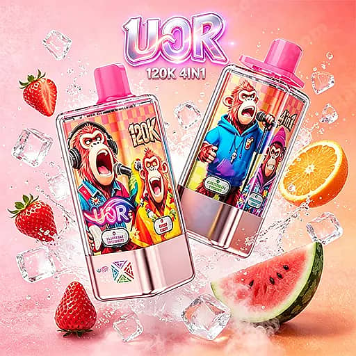 Two Pink-And-Silver Vape Devices Featuring Cartoon Monkey Artwork With The Label Uor 120K 4N1, Set Against A Pink Background With Ice Cubes And Scattered Fruit Such As Strawberries, A Watermelon Slice, And An Orange.