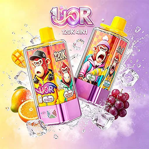 Two Cartoon-Monkey Themed Beverage Bottles With Yellow Caps, Labeled 120K And 4In1, Surrounded By Ice Cubes And Fruit (Orange Slice And Grapes) Against A Pastel Yellow-To-Purple Gradient Background.