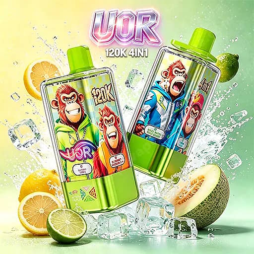 Two Neon-Green Rectangular Vape Bottles With Cartoon Monkey Artwork And The Text 'Uor 120K 4In1' Lean Against A Lime-And-Citrus-Themed Background, Surrounded By Ice Cubes And Sliced Citrus.