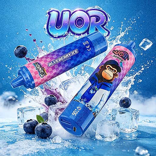 Uor Tornado 30000 Puffs Led Display 30K Vape Pen 10 Two Uor Vape Juice Bottles Sit Among Ice Cubes And Blueberries Against A Blue Splashy Background; One Bottle Features A Purple Checkered Label Reading 'Blueberry Ice' And The Other Shows A Cartoon Monkey In A Blue Hoodie.