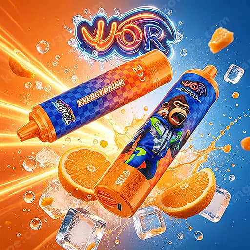 Uor Tornado 30000 Puffs Led Display 30K Vape Pen 9 Vibrant Ad For Vor Energy Drink Showing A Blue-And-Orange Squeeze Bottle Labeled Energy Drink And A Tall Bottle Featuring A Cartoon Monkey In A Blue Outfit, Set Against A Split Orange And Blue Background With Ice Cubes And Orange Slices.