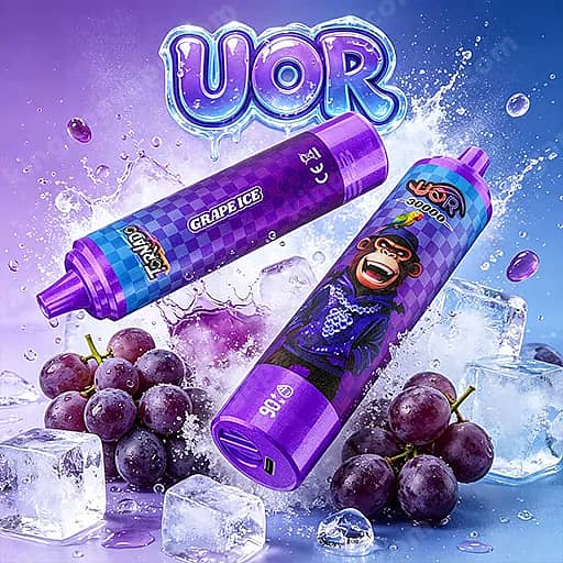 Uor Tornado 30000 Puffs Led Display 30K Vape Pen 8 Two Purple Uor Vape Juice Bottles, One Labeled Grape Ice Featuring A Cartoon Monkey, Set Among Grapes And Ice Cubes Against A Purple-Blue Gradient.