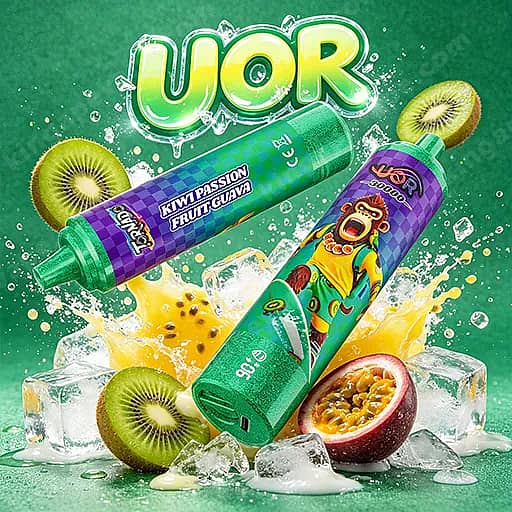 Uor Tornado 30000 Puffs Led Display 30K Vape Pen 7 Three Vibrant Uor Vape Juice Bottles On A Green Background, Including A Kiwi Passion Fruit Guava Flavor With A Cartoon Monkey On One Label, Surrounded By Ice, Kiwi Slices, And Halved Passion Fruit.