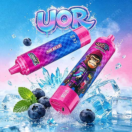 Uor Tornado 30000 Puffs Led Display 30K Vape Pen 6 Two Colorful, Cylindrical Squeeze Bottles With Pink Caps—One Labeled Mr Blue With A Blue-Purple Checker Pattern, The Other Featuring A Cartoon Monkey On A Pink Label—Sit Among Ice, Blueberries, And Mint Leaves Against A Blue-To-Pink Gradient Background With A Bold Uor Logo Above.