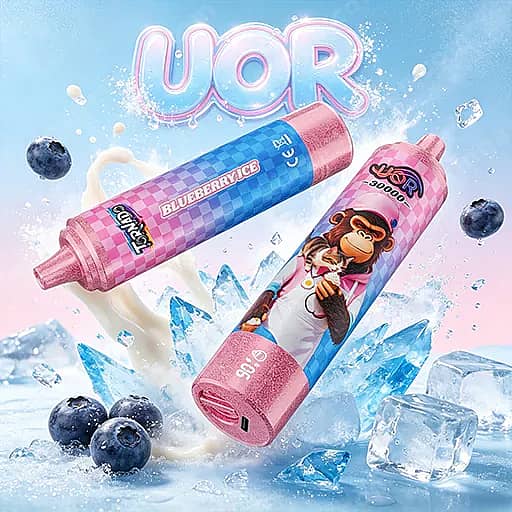 Uor Tornado 30000 Puffs Led Display 30K Vape Pen 5 Two Uor Vape Pens With Pink Caps And Colorful Bodies—One With A Blue Checker Pattern Labeled Blueberry Ice And The Other Featuring A Cartoon Monkey—Resting Among Ice Cubes And Blueberries Against An Icy Blue Background.