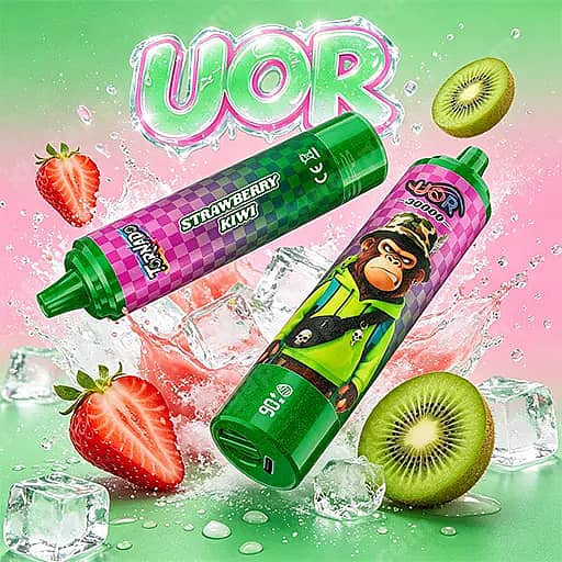 Uor Tornado 30000 Puffs Led Display 30K Vape Pen 4 Two Colorful Vape Juice Bottles Resting On Ice, Surrounded By Strawberries And Kiwis; One Bottle Has A Purple Checker Label Reading 'Strawberry Kiwi' And The Other Features A Cartoon Monkey In Green, Set Against A Green-To-Pink Gradient With A Pink Neon Uor Logo Overhead.