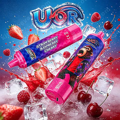 Uor Tornado 30000 Puffs Led Display 30K Vape Pen 3 Two Cylindrical Pink And Purple Vape Juice Bottles, One Labeled Strawberry Raspberry Cherry And The Other Featuring A Cartoon Monkey, Surrounded By Ice Cubes, Strawberries, And Cherries Against A Blue Background With A Large Uqr Logo.
