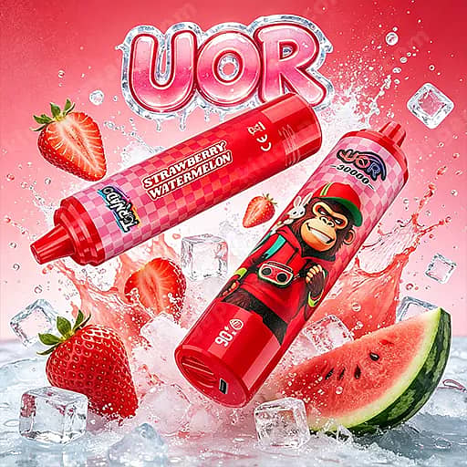 Uor Tornado 30000 Puffs Led Display 30K Vape Pen 12 Two Red Vape Juice Bottles With A Cartoon Monkey Illustration, One Labeled Strawberry Watermelon, Set Against A Pink Splashy Background With Ice Cubes, Strawberries, And A Watermelon Slice; A Pink Uqr Logo Appears At The Top.