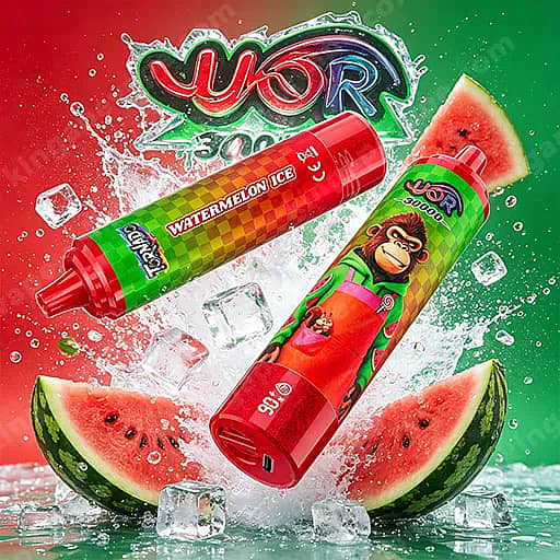 Uor Tornado 30000 Puffs Led Display 30K Vape Pen 11 Two Bright Cylindrical Bottles With Cartoon Monkey Labels And Watermelon Ice Flavor Float Among Watermelon Slices And Ice Cubes Against A Red-To-Green Gradient Background.