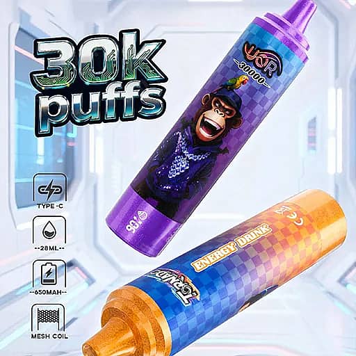 Two disposable vape devices with purple and orange checkered designs; the purple bottle features a gorilla mascot and the text '30k puffs,' while the orange bottle has a blue-orange checkered pattern and an 'Energy Drink' label, with side icons indicating Type-C charging, 28 ml capacity, 650 mAh battery, and a mesh coil.