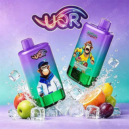 Uor Twins 80000 Puffs Disposable Vape | Dual Flavor Vape 3 Two Purple Gradient Beverage Bottles Featuring Cartoon Monkeys, One In A Blue Jacket And The Other In A Yellow Outfit, Surrounded By Ice And Colorful Fruit With A Neon Vor Logo Above.