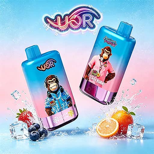 Uor Twins 80000 Puffs Disposable Vape | Dual Flavor Vape 5 Two Tall Blue Gradient Bottles With Cartoon Monkey Characters On The Labels, One In A Blue Hoodie And The Other In A Pink Shirt, Set Against A Blue-To-Pink Gradient Background With Splashes Of Water, Ice Cubes, And Fruit Slices (Blueberries, Strawberry, And Orange).