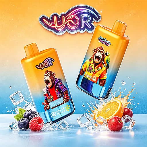 Uor Twins 80000 Puffs Disposable Vape | Dual Flavor Vape 4 Two Bright Orange Bottles Feature Cartoon Monkeys In Tropical Outfits, Floating Against A Gradient Orange-To-Blue Background With Ice Cubes And Fruit Like Orange Slices And Berries, And A Colorful Logo Above.