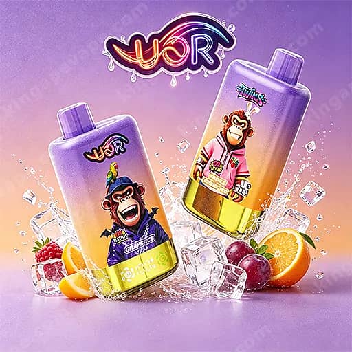 Uor Twins 80000 Puffs Disposable Vape | Dual Flavor Vape 12 Two Purple Gradient Bottles Featuring Cartoon Monkeys In Outfits, Surrounded By Ice Cubes And Slices Of Orange And Grapes, Set Against A Purple-Pink Gradient Background With A Brand Logo Above.