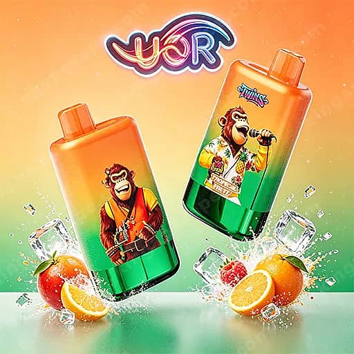 Uor Twins 80000 Puffs Disposable Vape | Dual Flavor Vape 11 Two Gradient Orange-To-Green Bottles With Orange Caps, Each Featuring A Cartoon Monkey On The Label—The Left Monkey Wears An Orange Outfit And The Right Monkey Wears A Tropical Shirt While Singing Into A Microphone, With Ice Cubes And Citrus Slices Around On A Bright Gradient Background.