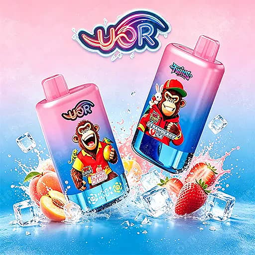 Uor Twins 80000 Puffs Disposable Vape | Dual Flavor Vape 10 Two Colorful Gradient Juice Bottles With Cartoon Monkeys, Surrounded By Ice Cubes And Sliced Peaches And Strawberries On A Pink-To-Blue Background; The Left Bottle Shows A Yellow-Shirted Monkey, The Right Bottle A Red-Hoodie Monkey, With A Stylized Brand Logo Above.