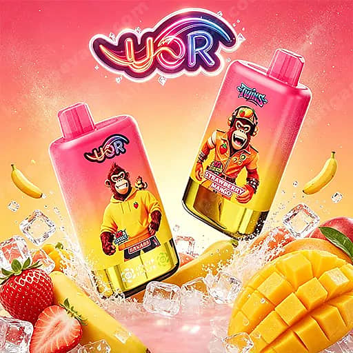 Uor Twins 80000 Puffs Disposable Vape | Dual Flavor Vape 9 Two Pink Bottles With A Colorful Logo And A Gorilla Mascot In A Yellow Hoodie Float Above Ice, Surrounded By Strawberries, Bananas, And A Sliced Mango; The Right Bottle'S Label Reads 'Strawberry Mango'.