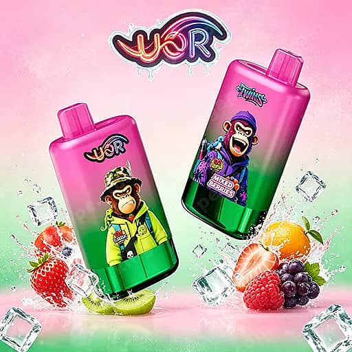 Uor Twins 80000 Puffs Disposable Vape | Dual Flavor Vape 8 Two Pink-To-Green Gradient Bottles With Cartoon Monkeys, One Wearing A Hat And Jacket And The Other In A Purple Hoodie, Labeled Mixed Berries; The Wor Logo Above, With Ice Cubes And Assorted Berries Around Against A Pink Gradient Background.