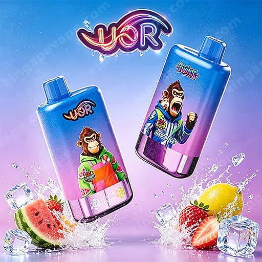 Uor Twins 80000 Puffs Disposable Vape | Dual Flavor Vape 7 Two Blue-To-Purple Gradient Bottles Featuring Cartoon Monkey And Gorilla Characters On The Labels, Surrounded By Ice And Fruit Slices (Watermelon, Lemon, Berries) Against A Blue-Purple Backdrop.