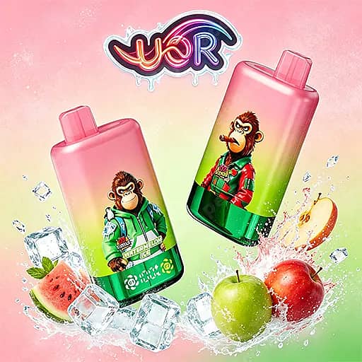 Uor Twins 80000 Puffs Disposable Vape | Dual Flavor Vape 6 Two Pink-To-Green Gradient Squeeze Bottles With Cartoon Monkeys On The Labels, Surrounded By Ice Cubes And Fruit (Watermelon And Apples) Against A Pastel Pink-Green Background With A Colorful Logo At The Top.